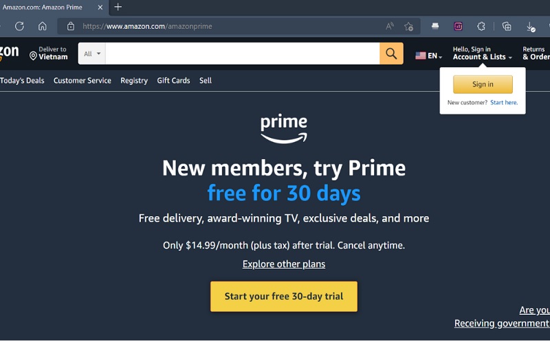 tạo tài khoản Amazon Prime